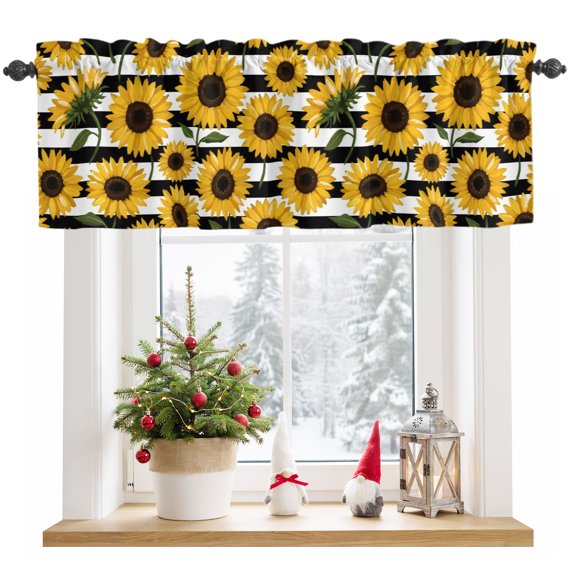 Window Valance for Kitchen, Watercolor Sunflower Seamless Floral Rod Pocket Curtain Valances Short Curtains, Black White Stripe Window Treatment Topper for Living Room Bathroom Bedroom 42x12in