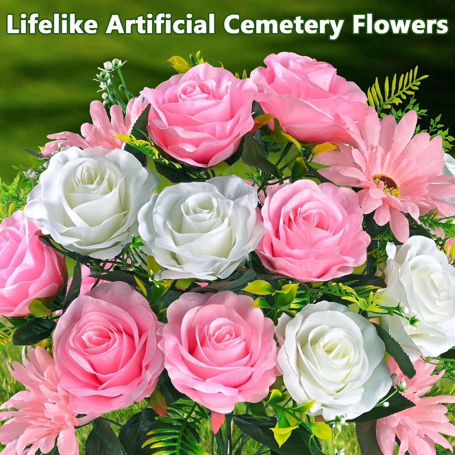 Lyacmy Set of 2 Artificial Cemetery Flowers with Vase, Memorial Day Flowers for Cemetery Outdoor Grave Headstones Decorations, White Pink