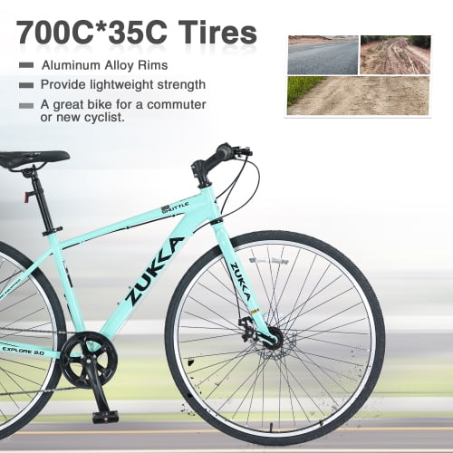 Aezusy Mountain Bike, 7 Speed Aluminum Alloy Frame 700C Hybrid Bike Road Bike for Ages 16+, Fits Riders 5'3"-5'8", Men Women's City Bicycle, Green