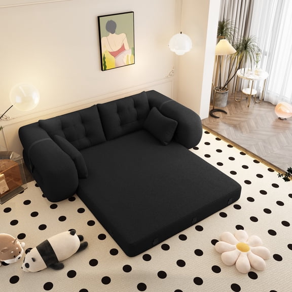 Human Dog Bed, Lazy Sofa Couch, 78.7" Multi-Functional Foldable Sofa Bed, 3-in-1 Teddy Fabric Foam-Filled Sleeper Sofa Bed for Living Room, Guest Bed, Playroom (Black)