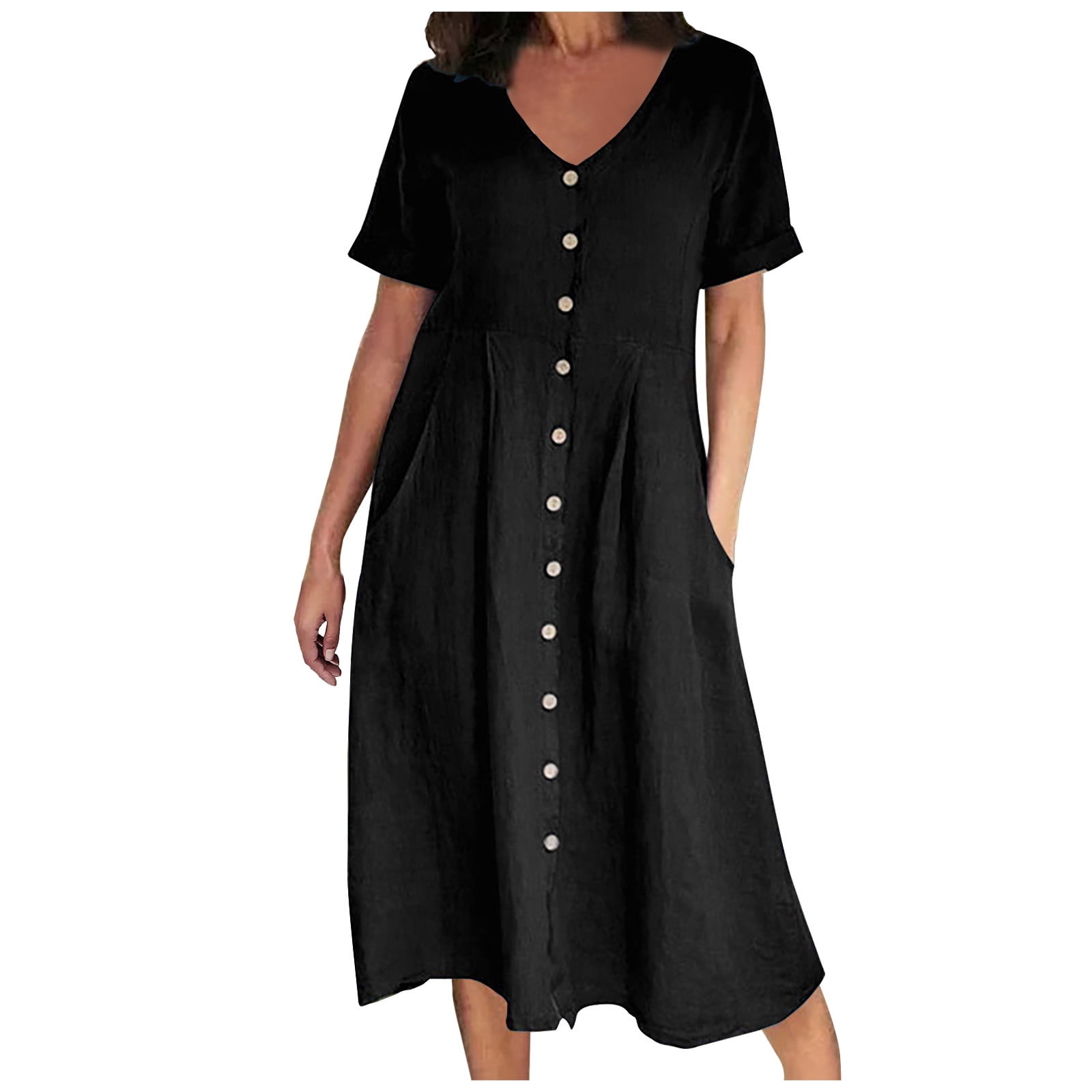 HTNBO Women's 2023 V Neck Dress Casual Summer Short Sleeve Cotton Solid ...