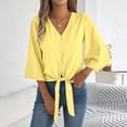 thumbnail image 4 of Vynhevius Womens 3/4 Sleeve Blouses V Neck Button Front Tie Hem Flared Solid Loose Casual Pullover Shirts, 4 of 8