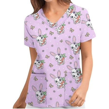 

Easter Scrubs Tops for Women Nurse Working Uniforms Easter Eggs Bunny Print V Neck Short Sleeve Pullover Shirts With Two Front Pockets
