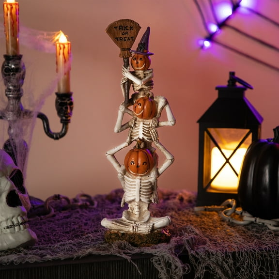Trio of Stacked Trick or Treat Jack-O-Lantern Skeletons Halloween Decoration - 12.25"