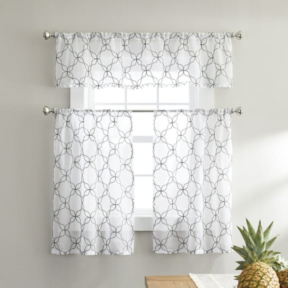 Better Homes & Gardens 3 Piece Sheer Quatrefoil Window Valance and Tier Set, Indoor, Grey, 36" W x 60"L, Adult