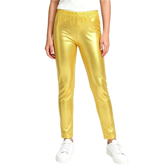 Girls' Metallic Leggings Shiny Sparkle Dance Pants Elastic Waist Tights for 80s Disco Party Performance Activewear Kids Yoga Bottoms