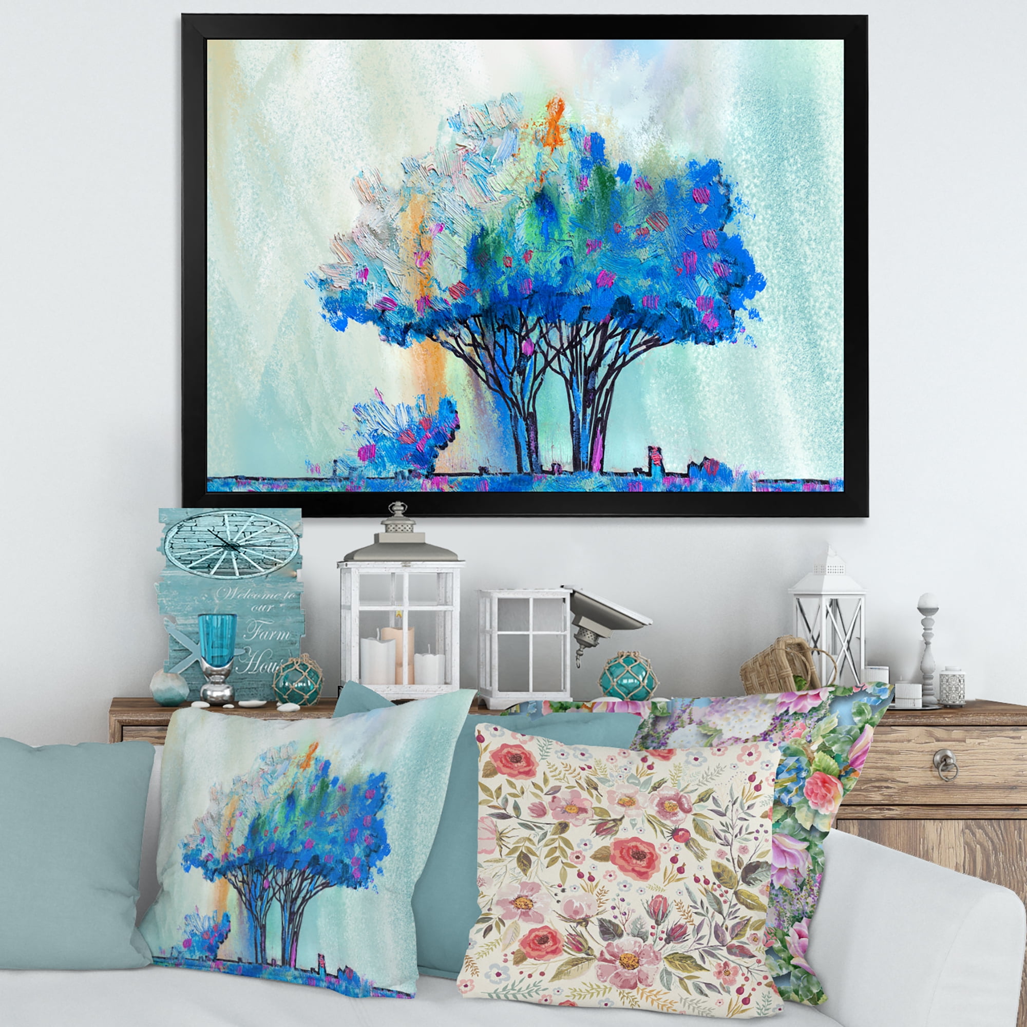 Designart 'Blue Coloured Tree Abstract Impression I' Modern Framed Art Print