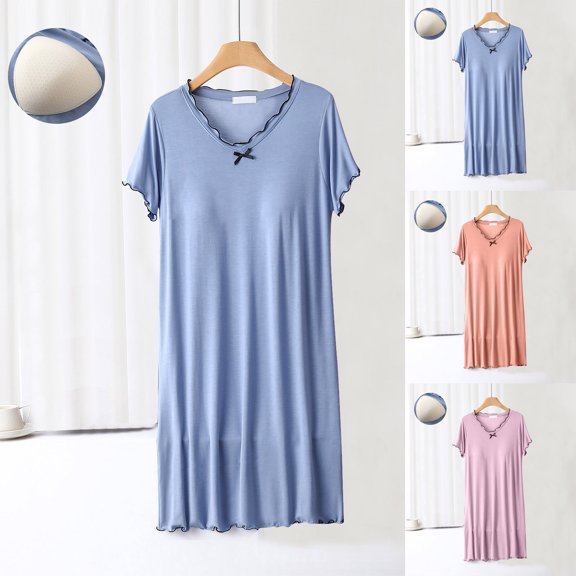 Feancey Soft Nightgowns for Women Modal Short Sleeve V Neck Sleep Dress Ruffle Casual Padded Nightdress Cozy Nightshirts Loungewear Daily Sales Orange M