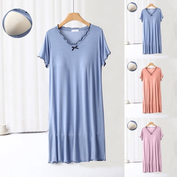 CFLVAEK Chemise de Nuit Modal Femme avec Soutien-Gorge Intégré Mignonne à Volants Manches Courtes Col en V Chemises de Nuit Douces pour la Maison 2025 L