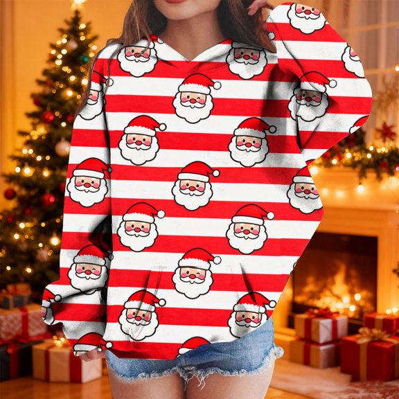 BaoFuBaoMei Hoodies for Boys Girls Christmas Santa Claus Long Cuffed Sleeve Sweatshirt Tops with Pockets Loose Hooded Fall Clothing for Christmas Dinner Vacation Holiday