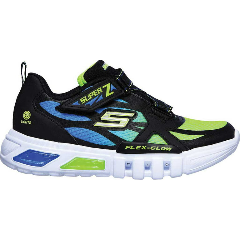 Boys\' Skechers S Lights Flex-Glow Black/Blue/Lime Lowex Sneaker M 1
