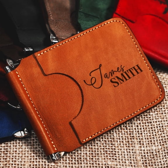 Personalized Leather Money Clip Wallet – Slim Bifold, Custom Engraved, Metal Clip