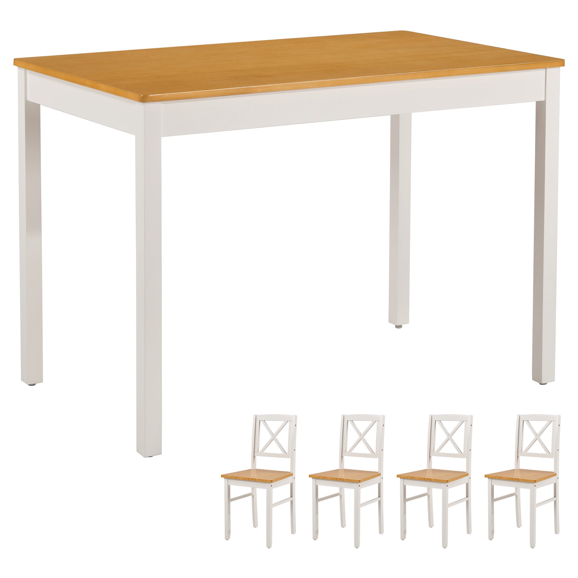 PORKISS 5-Piece Small Space Dining Set, 1 Table and 4 Chairs, Solid Wood, Natural+White, 42.5" L x 25.6" W x 28.7" H Table