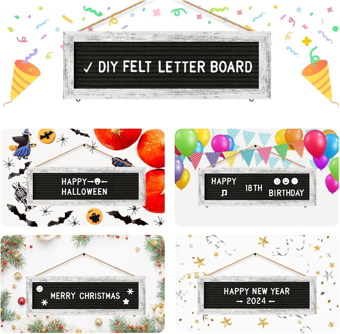 Hanging Photo Display Multiple Polaroid Picture Frames Collage Wall Decor, Felt Letter Board with 340 Letters and 15 Clips, DIY Cards Holder Frame Collage Set for Christmas Holiday Birthday Gi