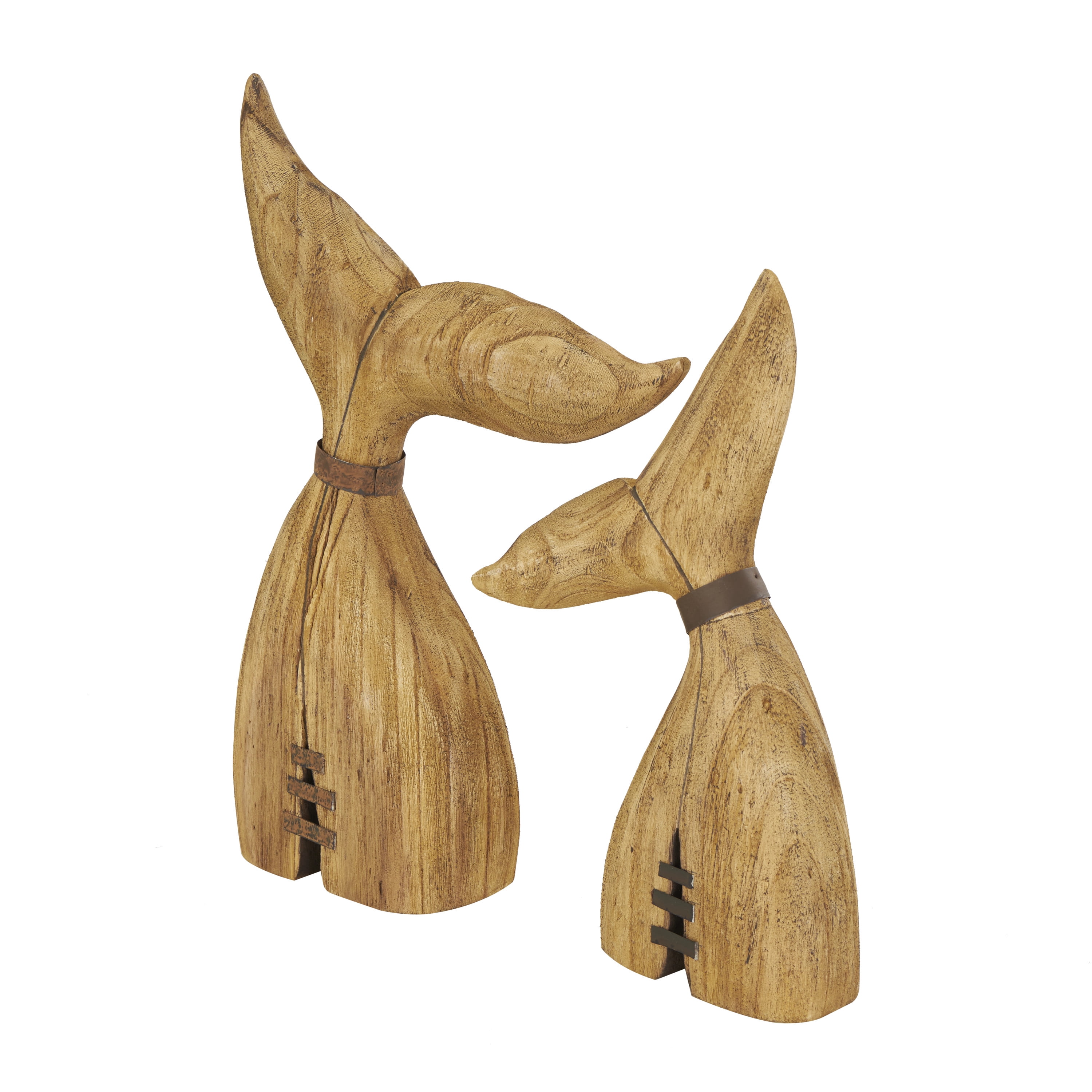 17", 13"H Brown Wood Handmade Tail Whale Sculpture with Metal Band Accents, by DecMode (2 Count)