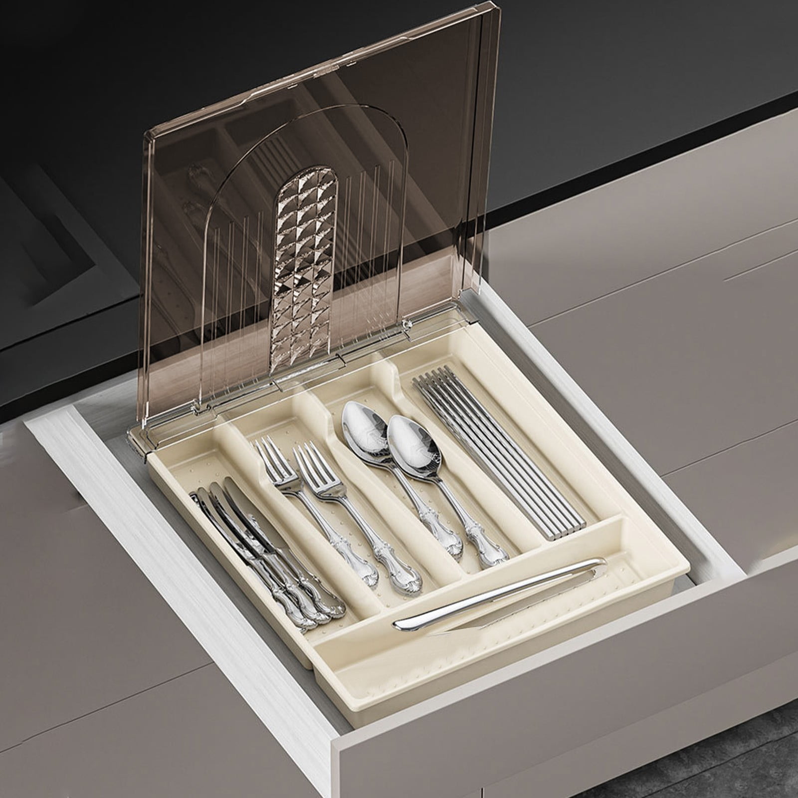 Flatware Storage Tray with Lid,11x13Inch Kitchen Drawer Organizer Tray with 5 Compartments,Storage Holders for Countertop,Multi Functional and Space Saving,Suitable for Holding Cutlery