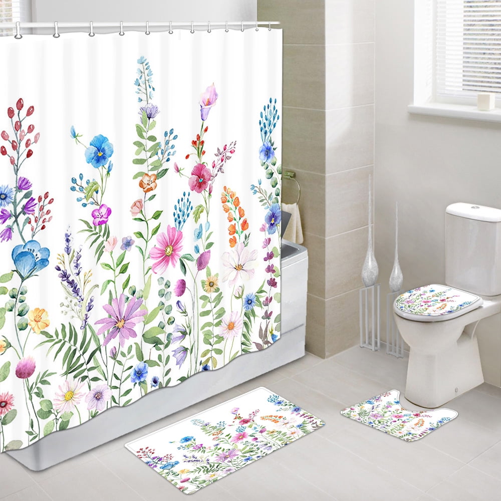 Floral Shower Curtain and Bath Mat Set 69x70 Inch, Watercolor Botanical