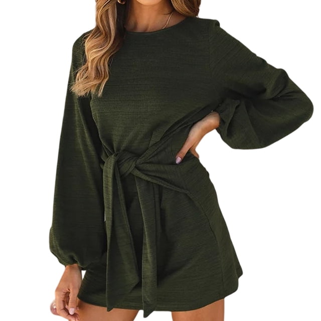 Robe Courte Élégante à Manches Longues en Lanterne pour Femmes de la Saint-Valentin, Col Rond, Taille Nouée, Robe de Cocktail en Tricot