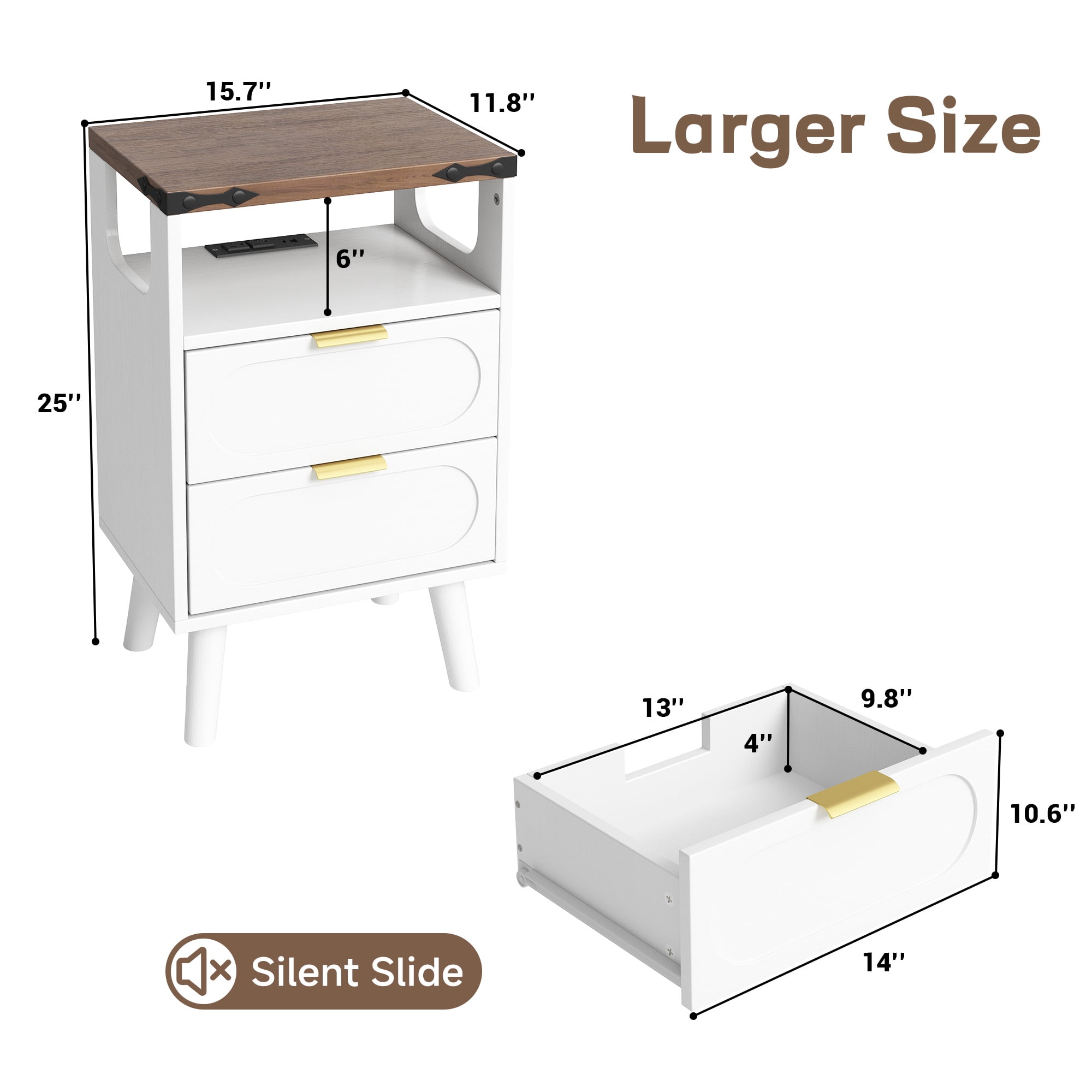 End Table with Charging Station, Smart LED Night Stand with 2 Wooden Drawers and Storage Shelf, Bedside Table with USB Ports & Outlets, for Living Room/Bedroom, White