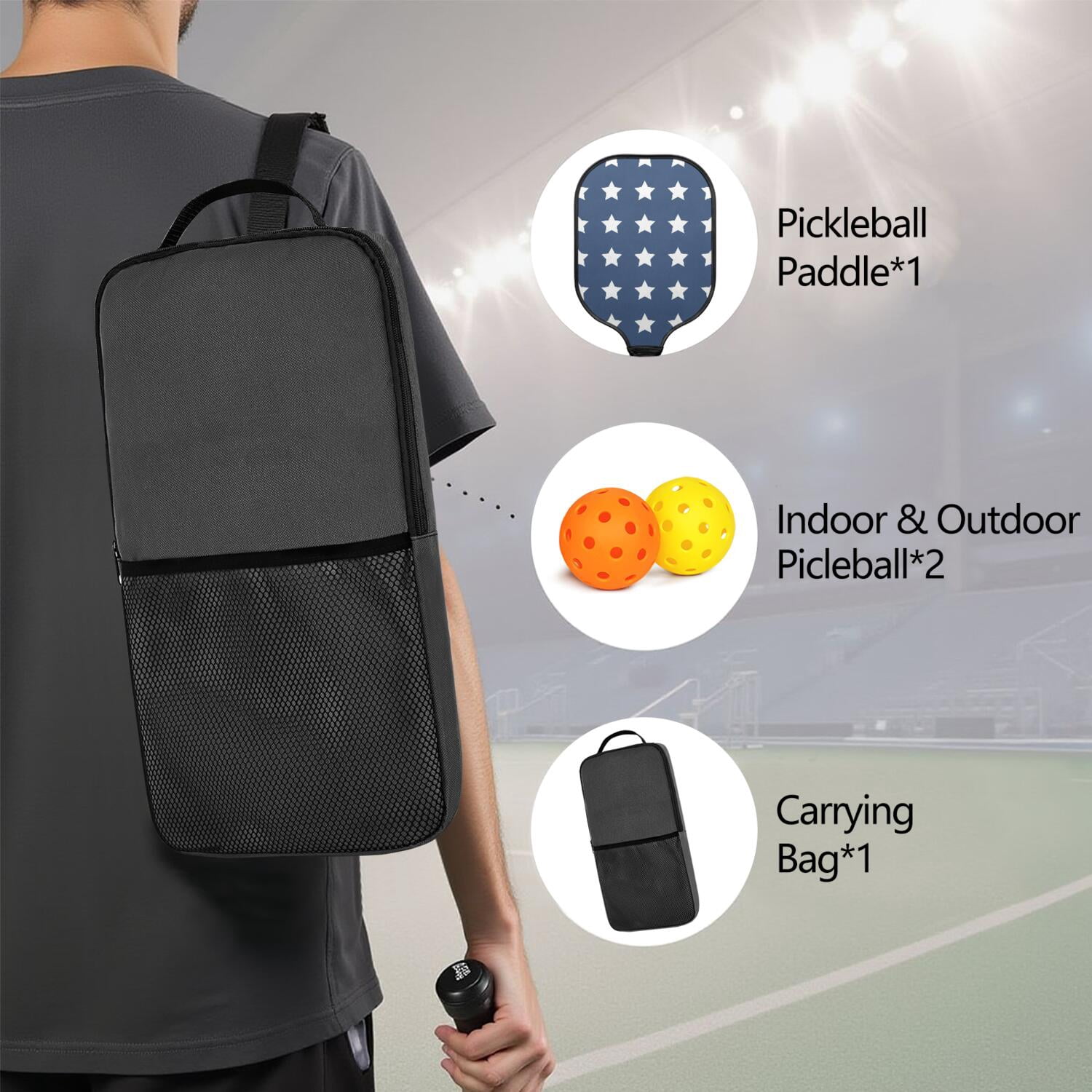 Pickleball Paddles Set Of 1, Fiberglass Surface, USA, Star Print, 1 Paddle, 2 Balls & Bag