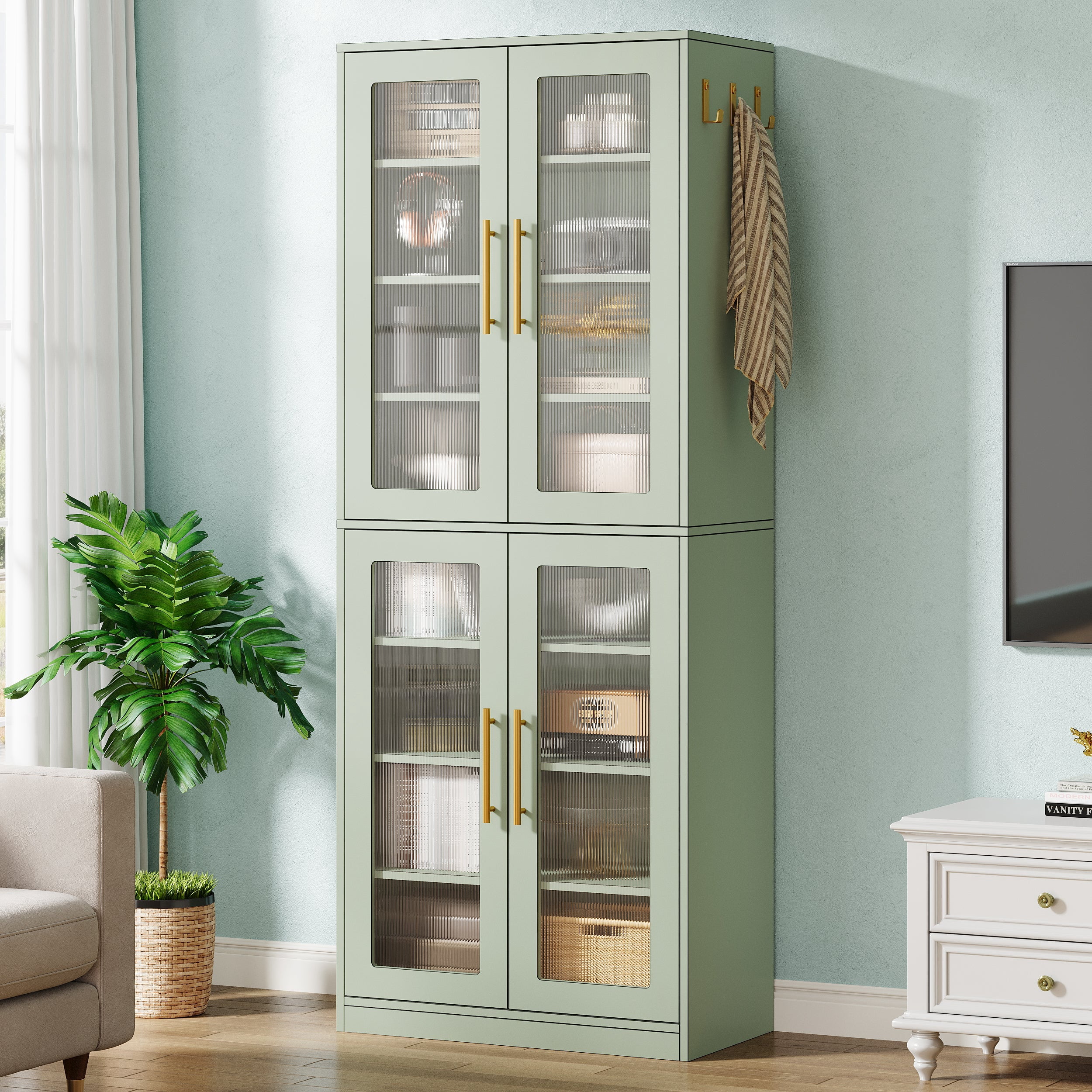 Fnova 66.93" Bookcase with Doors, 8 Tier Storage Cabinet with LED Lights for Living Room, Bedroom, Study, Green