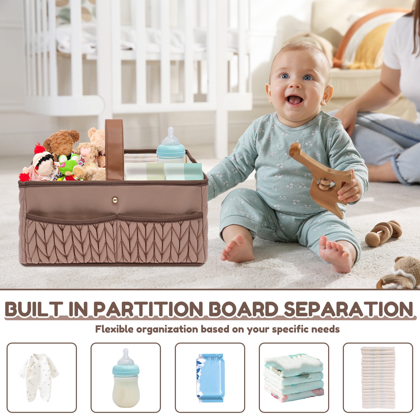 Austok Baby Diaper Caddy Organizer with Compartment Nappy Caddy with Wide Handle and Pocket for Diaper Wipe Spare Clothes Baby Essential for Changing Table Nursery Car