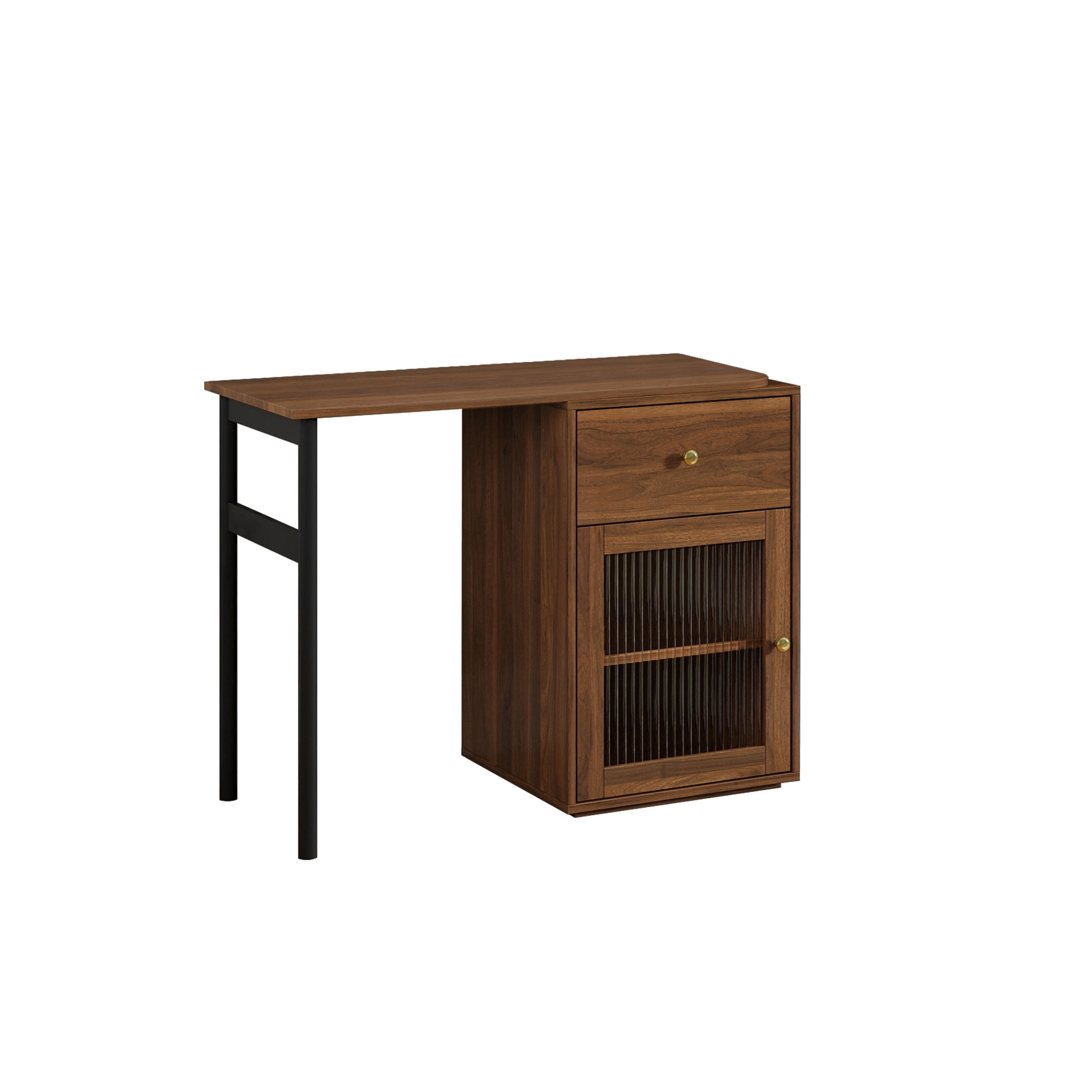 Noble House 70.87" Computer Desk with Hutch, Glass-Door Cabinets, 90° Rotating Desktop, Bookshelf & Drawer, Walnut