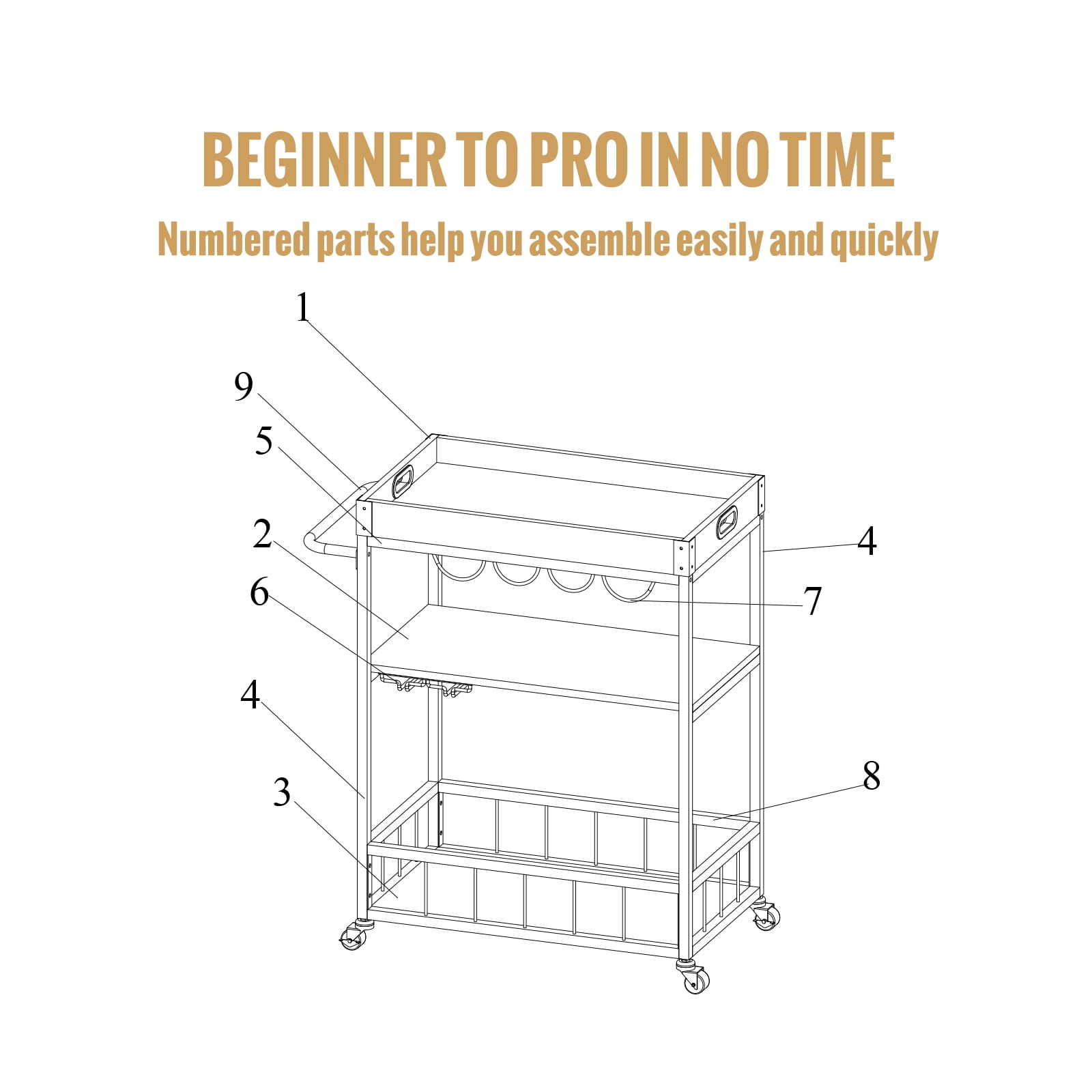 BENTISM 3-Tier Bar Serving Cart Rolling Trolley with Wine Grid Glass Holder 110lbs