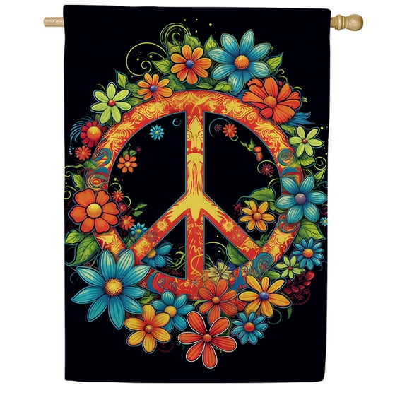 America Forever Blooming Peace Sign House Flag 28 x 40 inch Double Sided Peace Symbol Flowers Hippie Bohemian Colorful Outdoor Yard Decorative Flag