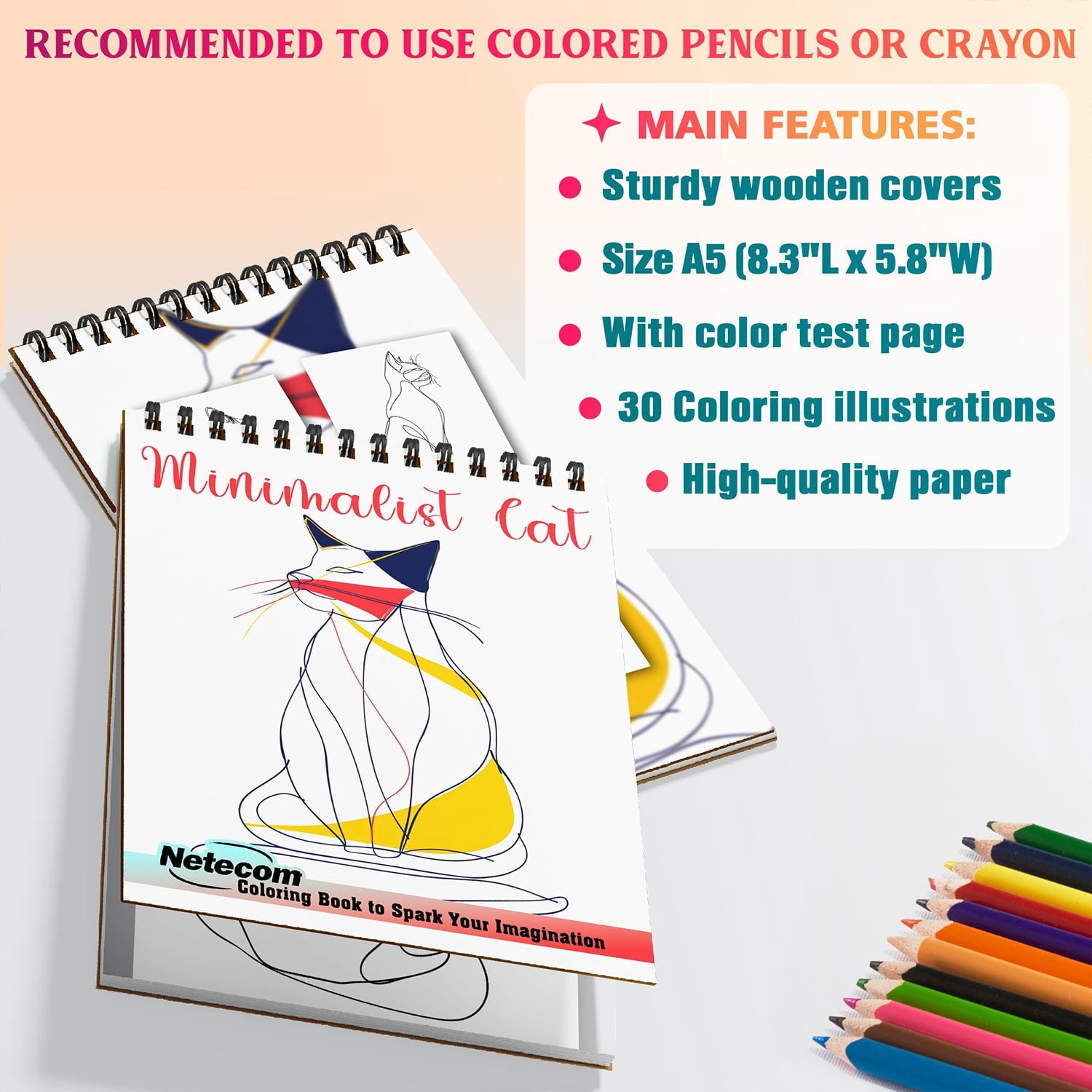 Netecom Minimalist Cat Coloring Book for Adults, A5 Wooden Cover, 30 Simple Coloring Pages of Feline Serenity for Stress Relief and Relaxation, Spiral Bound Edition
