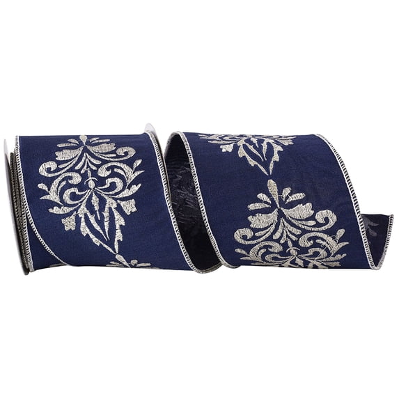 Reliant Ribbon - 94055W-059-10D, Ribbon, Navy/silver, 4 Inch, 5 Yards