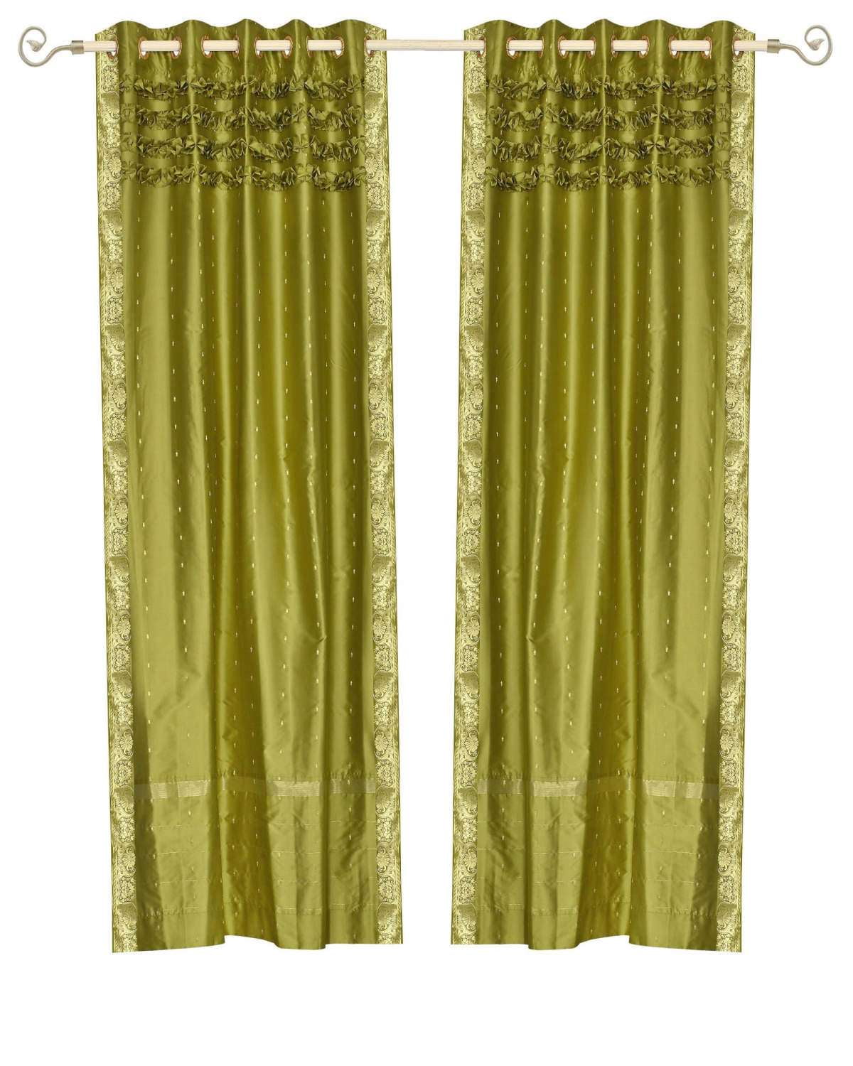 Olive Green Hand Crafted Grommet Sheer Sari Curtain Drape Panel ...