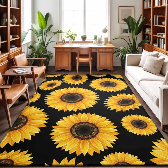 Large Area Rugs 8'x10', Sunflowers Carpet Runner Indoor Outdoor Rugs Home Decor Aesthetic, Black Botanical Yellow Budding Flowers Non Slip Mats Washable Accent Rug for Living Room Bedroom