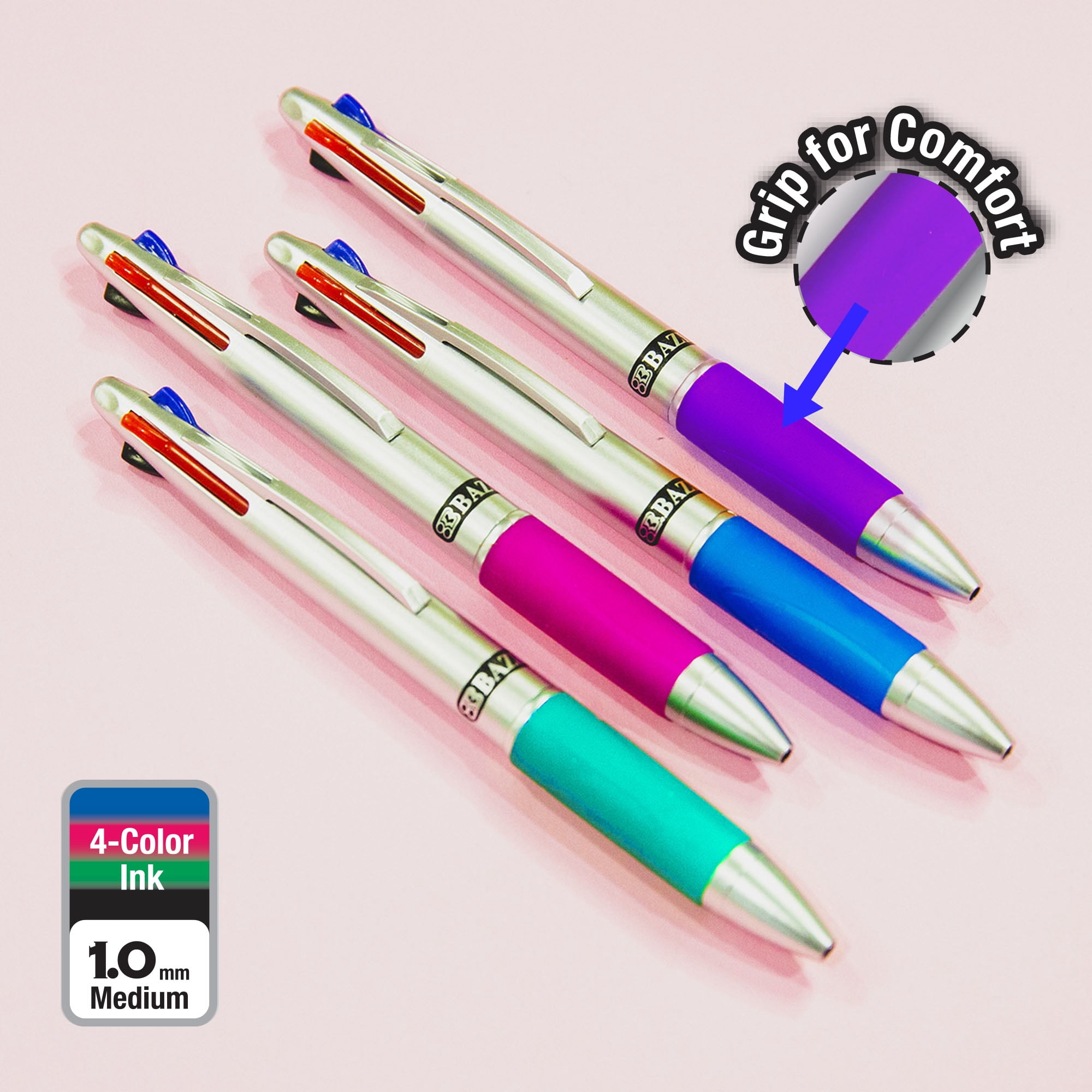 BAZIC Ballpoint 4-Color Retractable Pen Soft Grip, 1.0mm, (2/Pack), 24-Pack