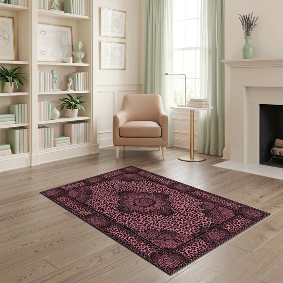 ODIKA Print Spotted Bordered Glam Rosette Abstract Inspired Pink Leopard Refined Non-Slip Chair-Friendly for Home Office, Gaming Room, Under Desk