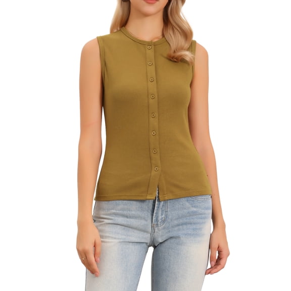 INSPIRE CHIC Button Down Tank Top for Women Ribbed Sleeveless Vest Crew Neck Open Front Casual Knit Tops XS Khaki