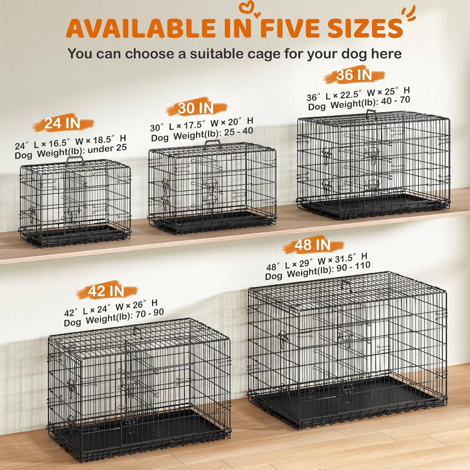 LibraMAl 48 inch Double Door Dog Crate w/Divider for Puppy to Adult Large Collapsible Metal Crate with Removable Tray XXL Wire Dog Kennel Pet Crate for Dogs Portable Travel Cage, Black
