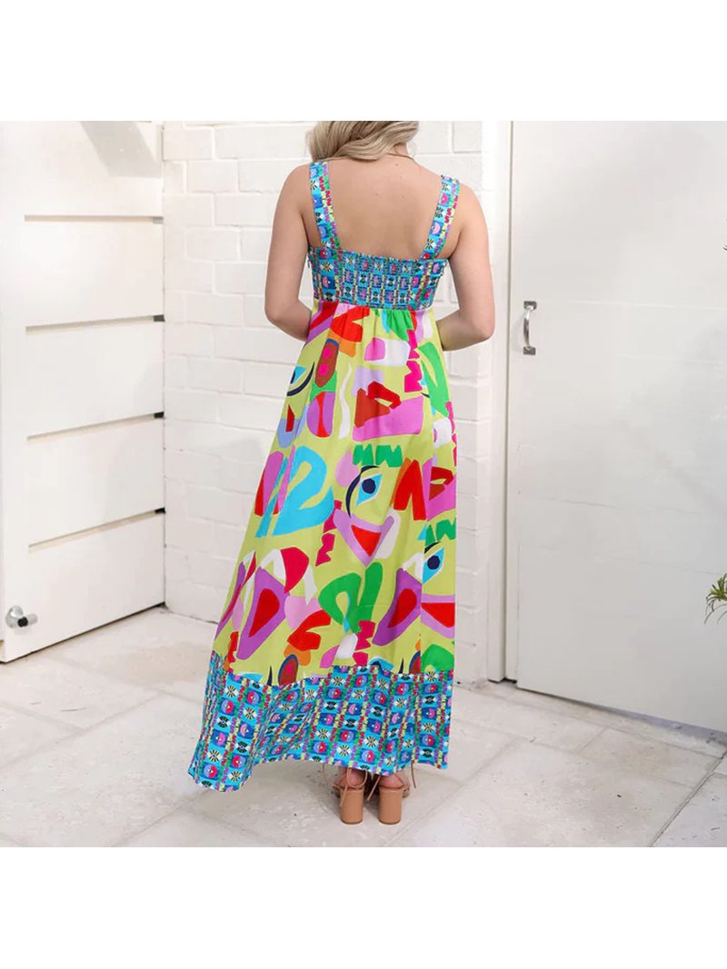 colorful flowy maxi dress Multicolour Colorblock Self-Tie Straps High Waist Flowy Maxi Dress With  Pockets