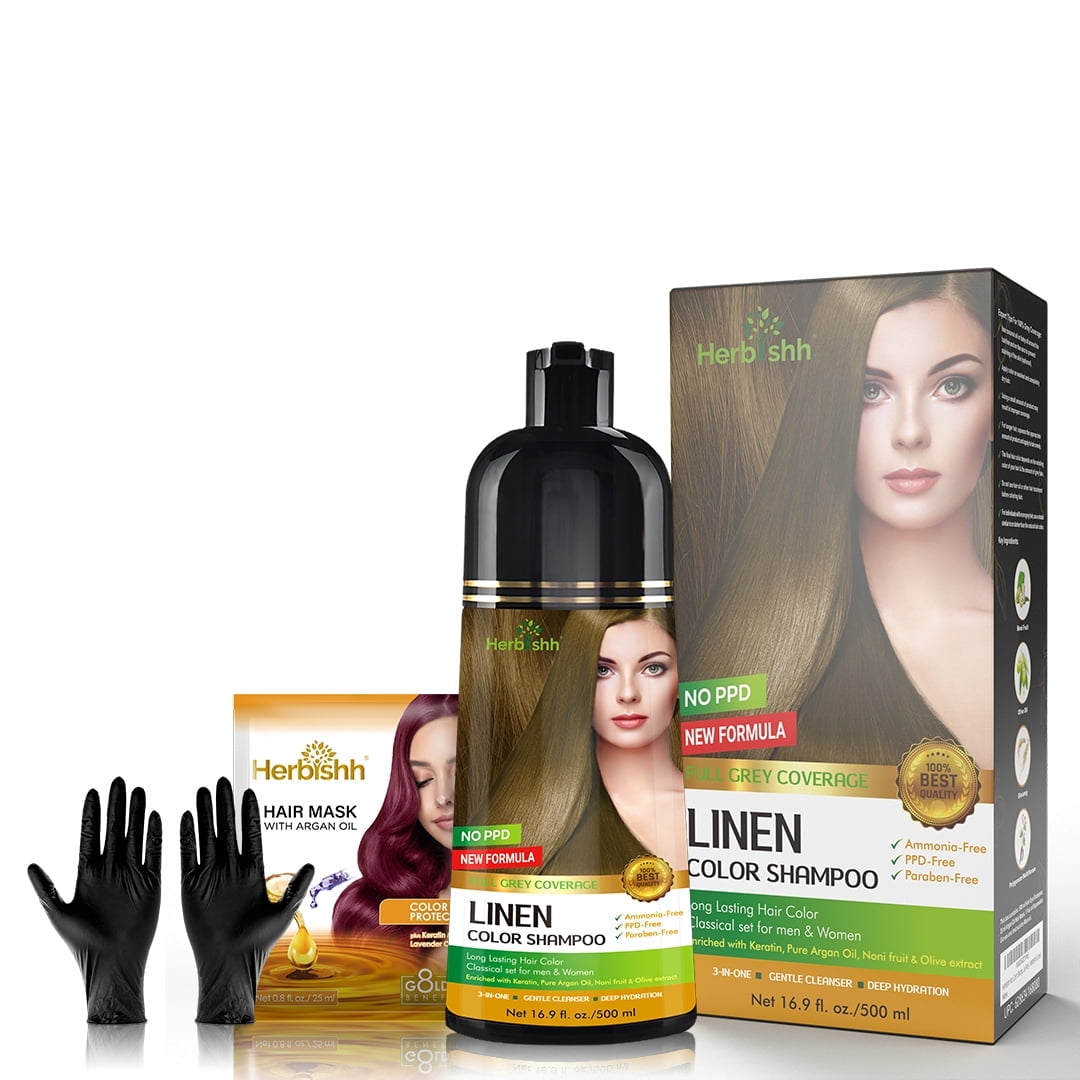 (2 pack) Herbishh Linen Hair Color Shampoo for Gray Hair with Pack 2 Hair colour stain remover, Hair Dye Shampoo 3 in 1, 100% Gray Coverage, Permanent Hair Color for Men & Women, Ammonia-free, 500 ml