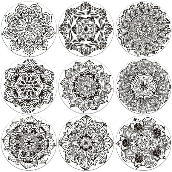 1set 9Pcs Coasters for Drinks Mandala Coasters Line Drawing Flower Wood Drink Coaster Boho Decor Cup Mat for Kitchen Bar Cup Dining Decor 4" Diameter 5mm Thick for DIY Flat Round