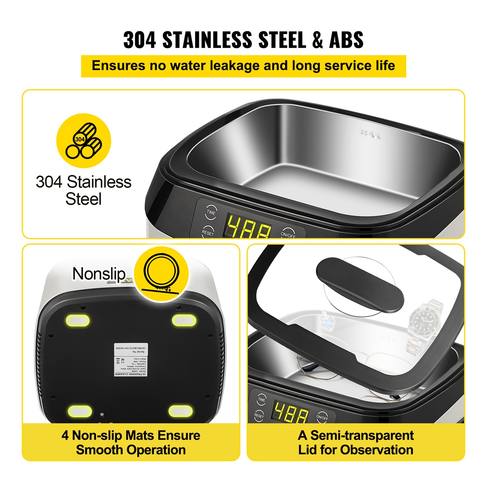 1.2L Ultrasonic Cleaner 40kHz Ultrasonic ABS Plastic & 304 Stainless Steel With Timer For Fruits Jewelry Glasses Watches ,Strong Cleaning