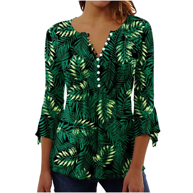 Blusa de verano para mujer con estampado de pliegues sexy y mangas 3/4 con cuello en V y botones OAVQHLG3B Store lin121212