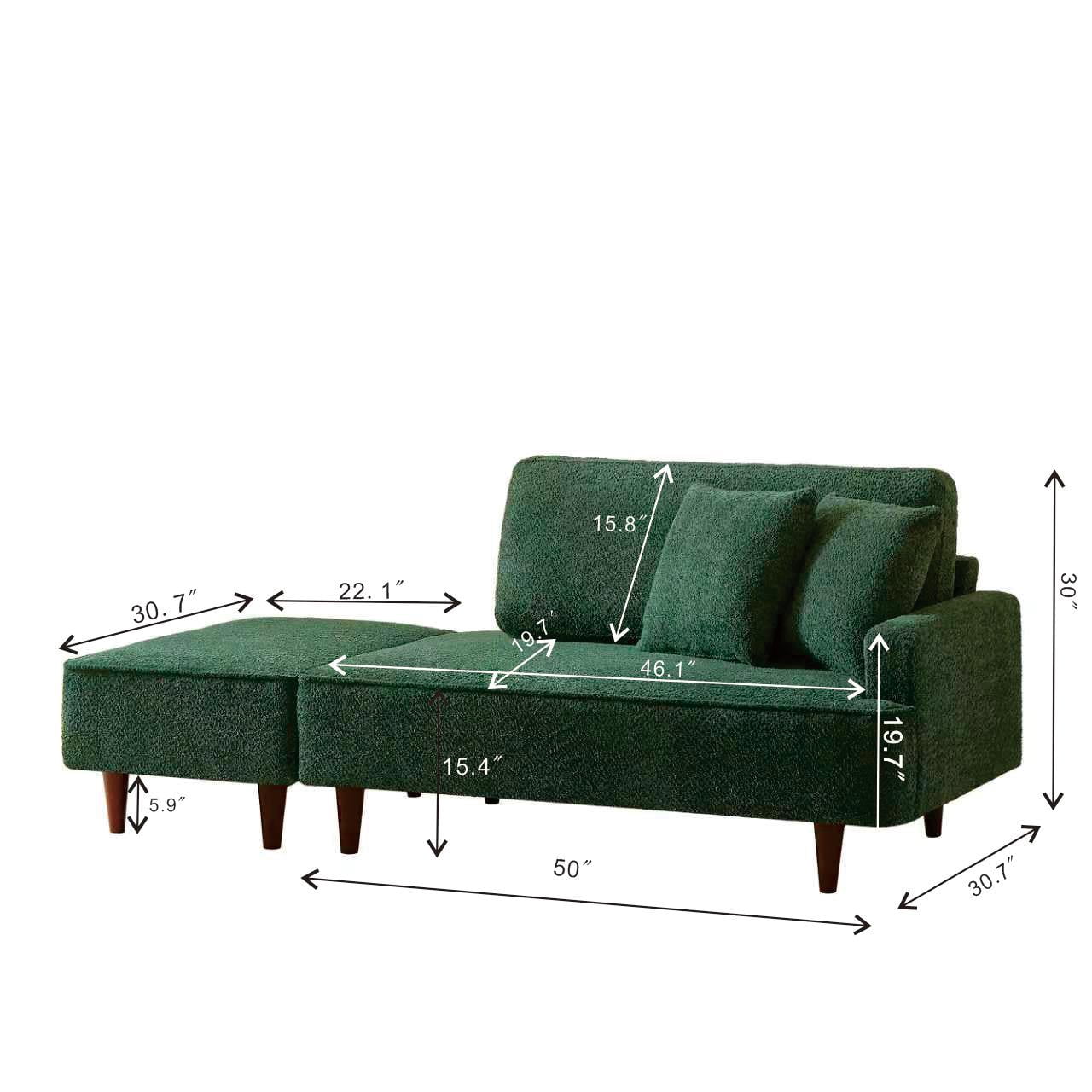 Indoor Chaise Lounge Chair with Ottoman, Boucle Upholstered Chaise Lounge with 2 Throw Pillows Included, Modern Chaise Lounge for Living Room Bedroom Reading Nook, Green