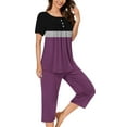 thumbnail image 2 of Cavosen 2 Piece Sets for Women Pajamas Button Front Pleated Soft Sleepwear Short Sleeve Crewneck Pullover Tops Capri Nightwear Color Block Loungewear with Pocket Purple 2XL, 2 of 5