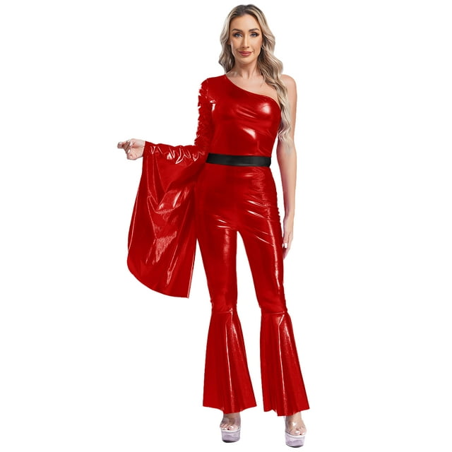 renvena Women's Metallic Shiny 70s Disco Jumpsuit Flare Sleeve Flare Bell Bottom Rompers Star Singer Red 3XL