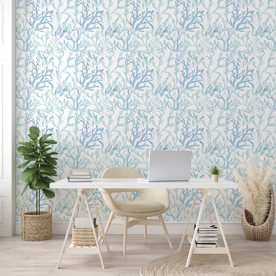 Tempaper Coral Reef Aqua Blue Peel and Stick Wallpaper, 20.5" x 16.5'