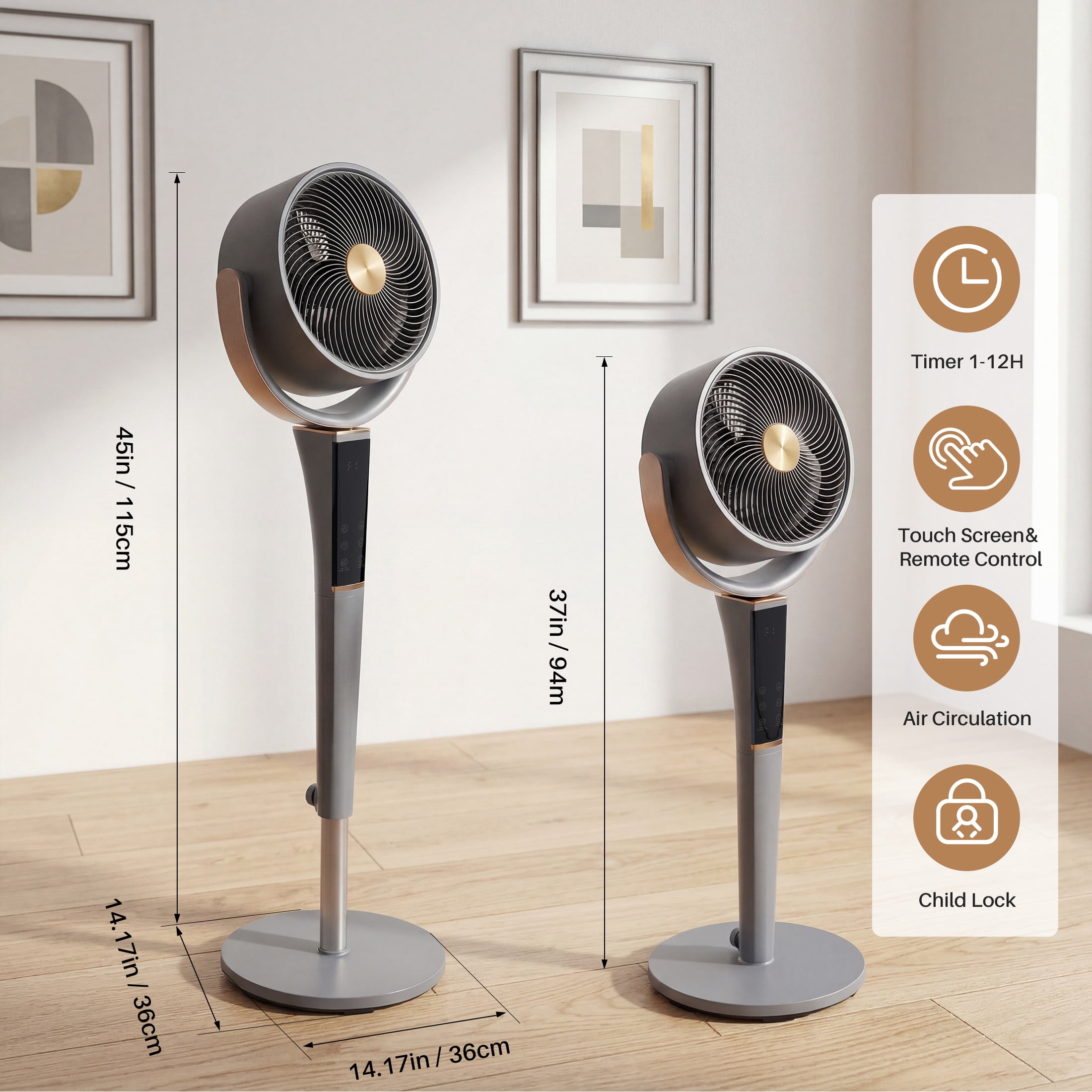 SHOUFTW Quiet Oscillating Pedestal Fan for Bedroom, 15 Speeds 5 Modes, 37-45" Height Adjustable, 12H Timer, Gray