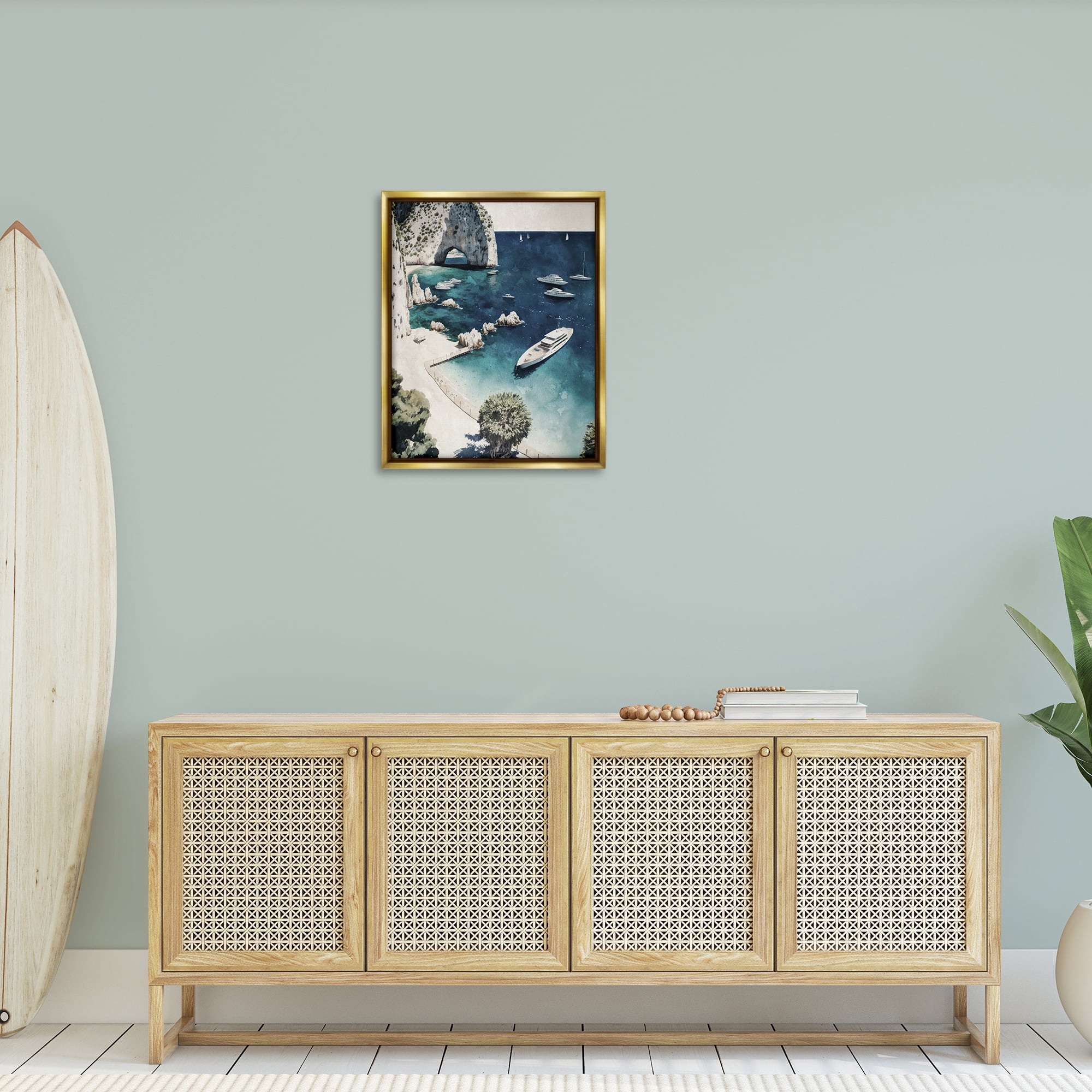 Stupell Industries Rocky Coast Boats Landscape & Nature Painting Gold Floater Framed Canvas Art Print Wall Art, 25 x 31