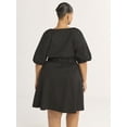 thumbnail image 3 of Scoop Women's and Women's Plus Belted Cotton Poplin Mini Dress with Puff Sleeves, Sizes XS-4X, 3 of 5
