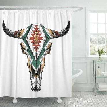 Western Cow Skull Shower Curtain - 72x72 Inch Waterproof Fabric With Southwestern Aztec Pattern